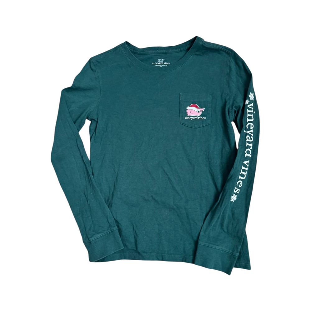Vineyard Vines Long Sleeve Christmas‎ Whale Pocket Tee Green Glitter Girls M